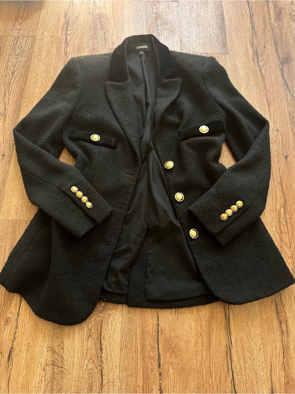 Express Women's Black Bouclé Blazer with Gold Buttons